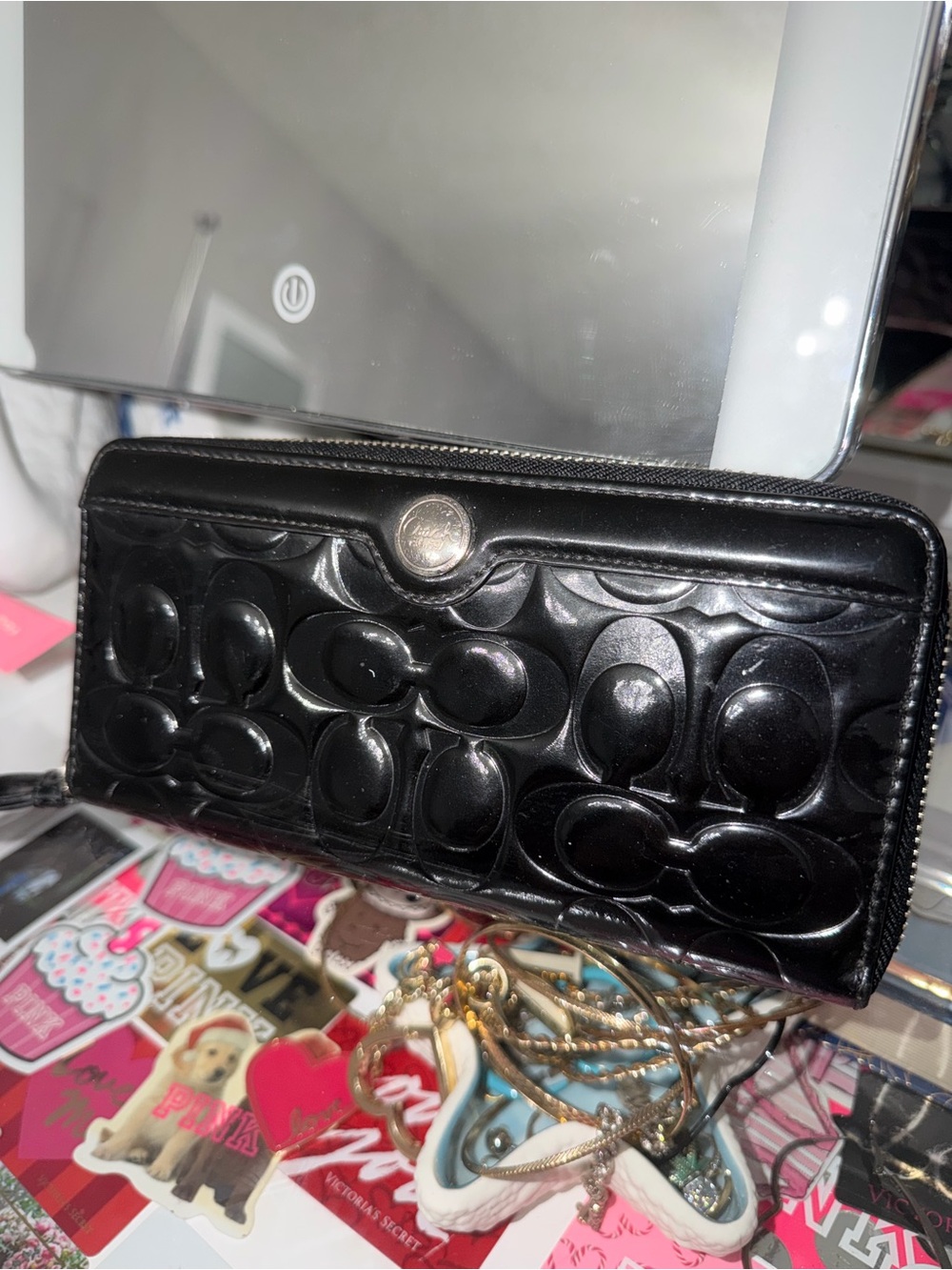 Coach Black Patent Signature Zip Wallet